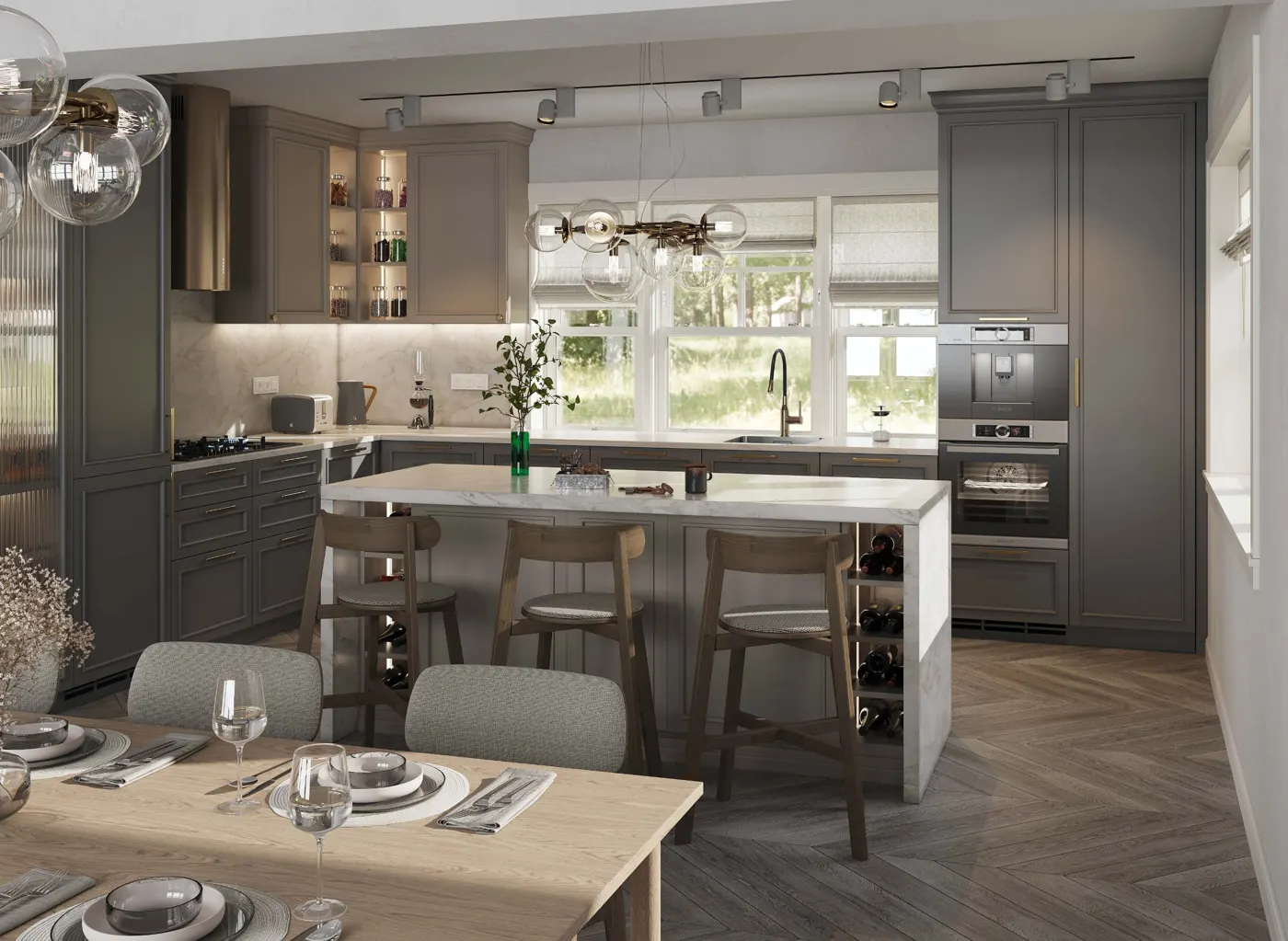 Кухня з островом і виглядом у сад